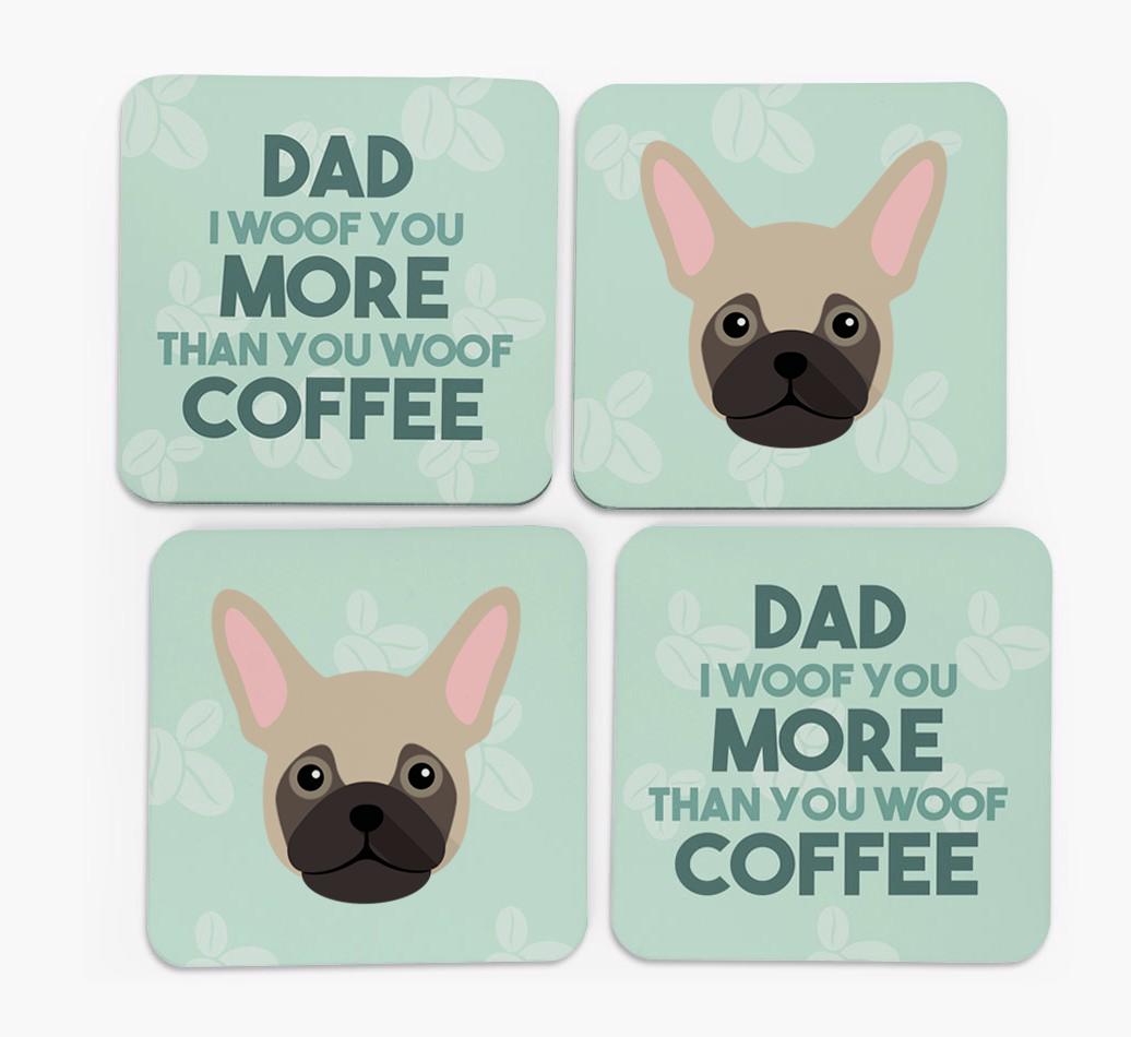 'Dad I woof you more than you woof coffee' Coasters with {breedFullName} Icon