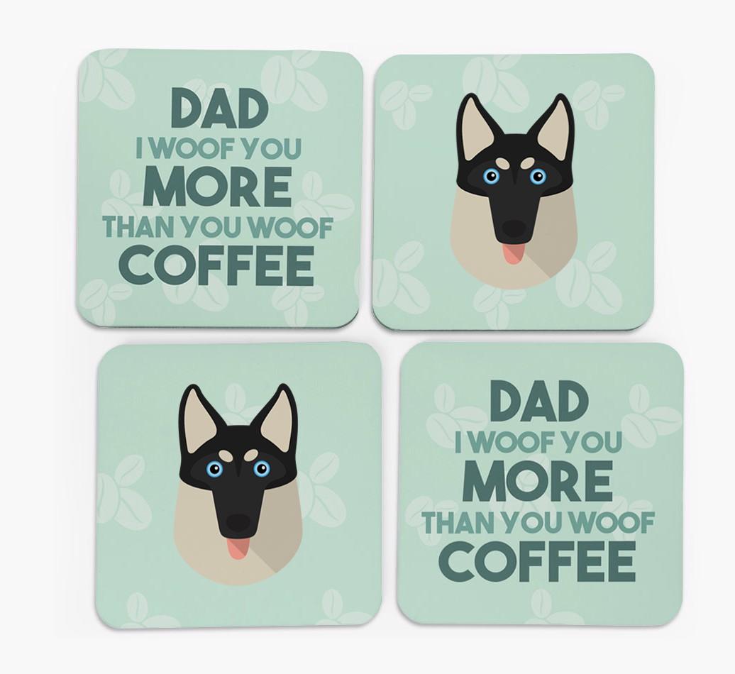 'Dad I woof you more than you woof coffee' Coasters with {breedFullName} Icon