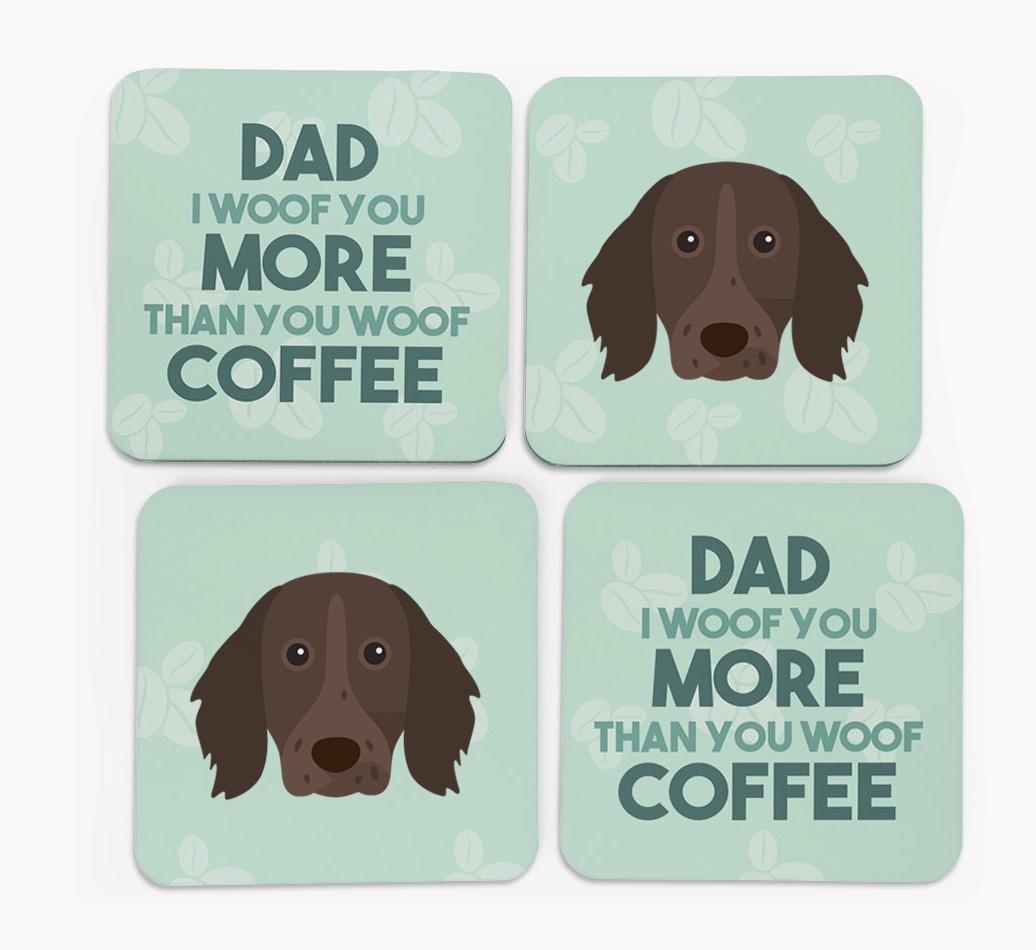 'Dad I woof you more than you woof coffee' Coasters with {breedFullName} Icon