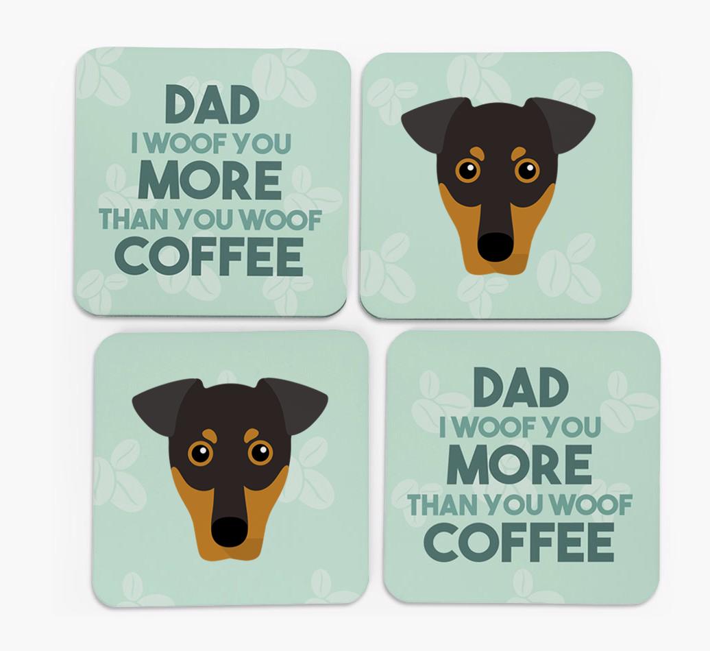 'Dad I woof you more than you woof coffee' Coasters with {breedFullName} Icon