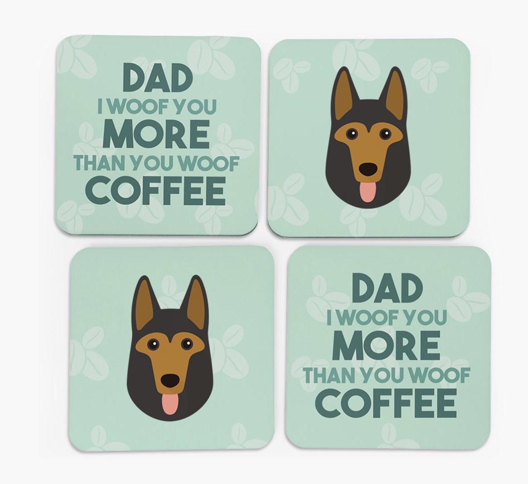 'Dad I woof you more than you woof coffee' Coasters with {breedFullName} Icon