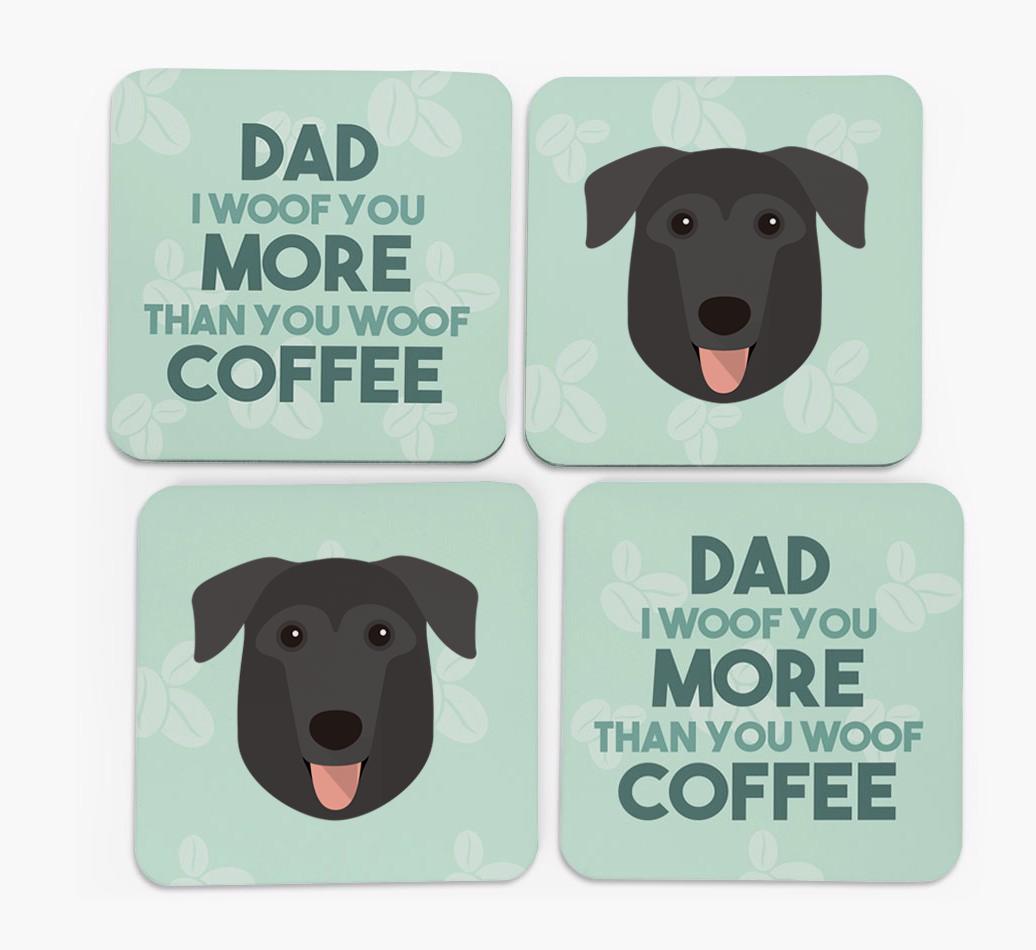 'Dad I woof you more than you woof coffee' Coasters with {breedFullName} Icon