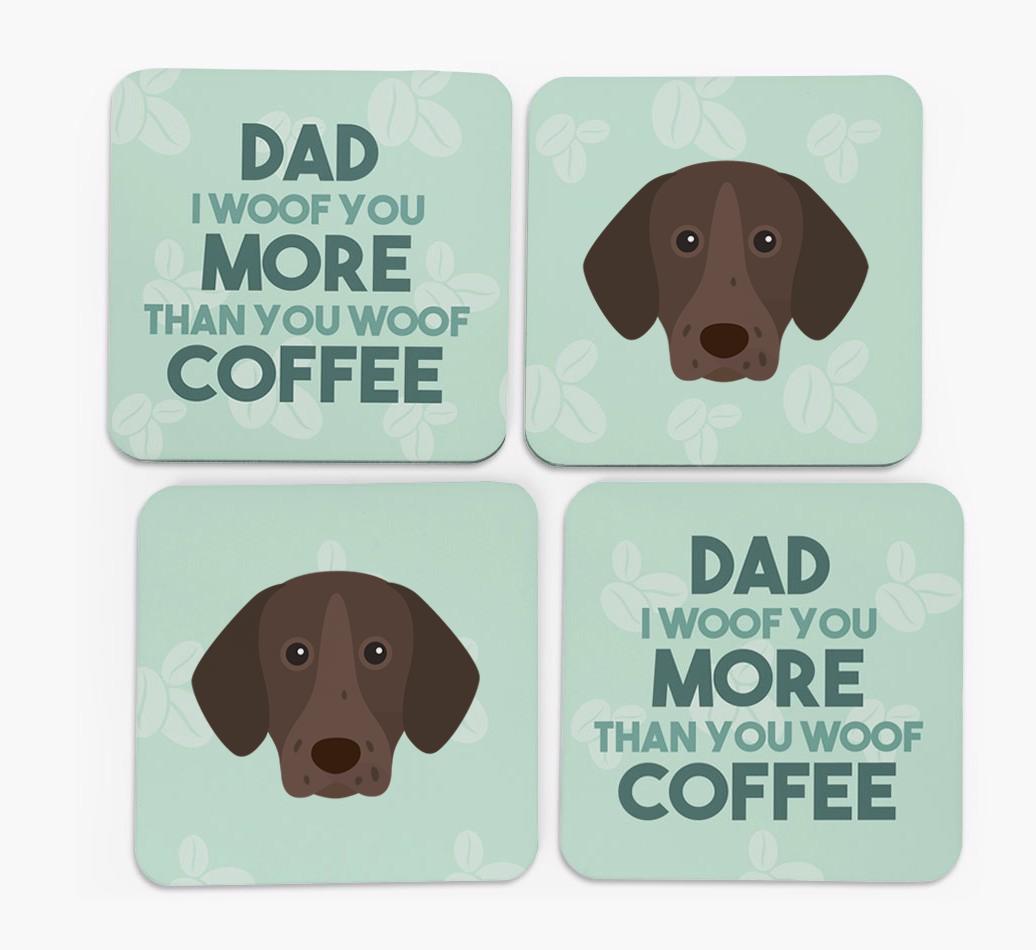'Dad I woof you more than you woof coffee' Coasters with {breedFullName} Icon