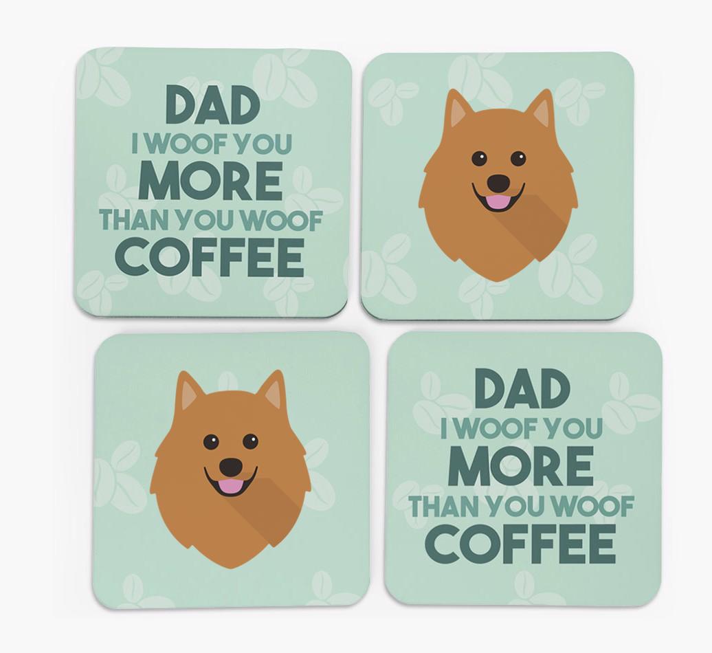 'Dad I woof you more than you woof coffee' Coasters with {breedFullName} Icon
