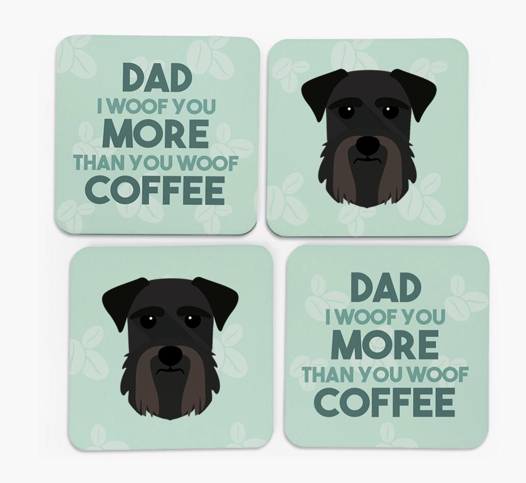 'Dad I woof you more than you woof coffee' Coasters with {breedFullName} Icon