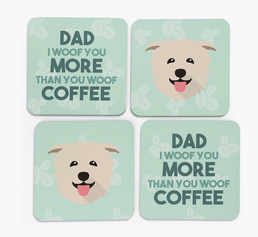 'Dad I woof you more than you woof coffee' Coasters with {breedFullName} Icon