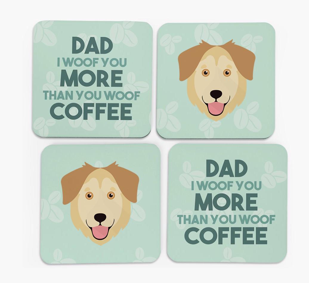 'Dad I woof you more than you woof coffee' Coasters with {breedFullName} Icon