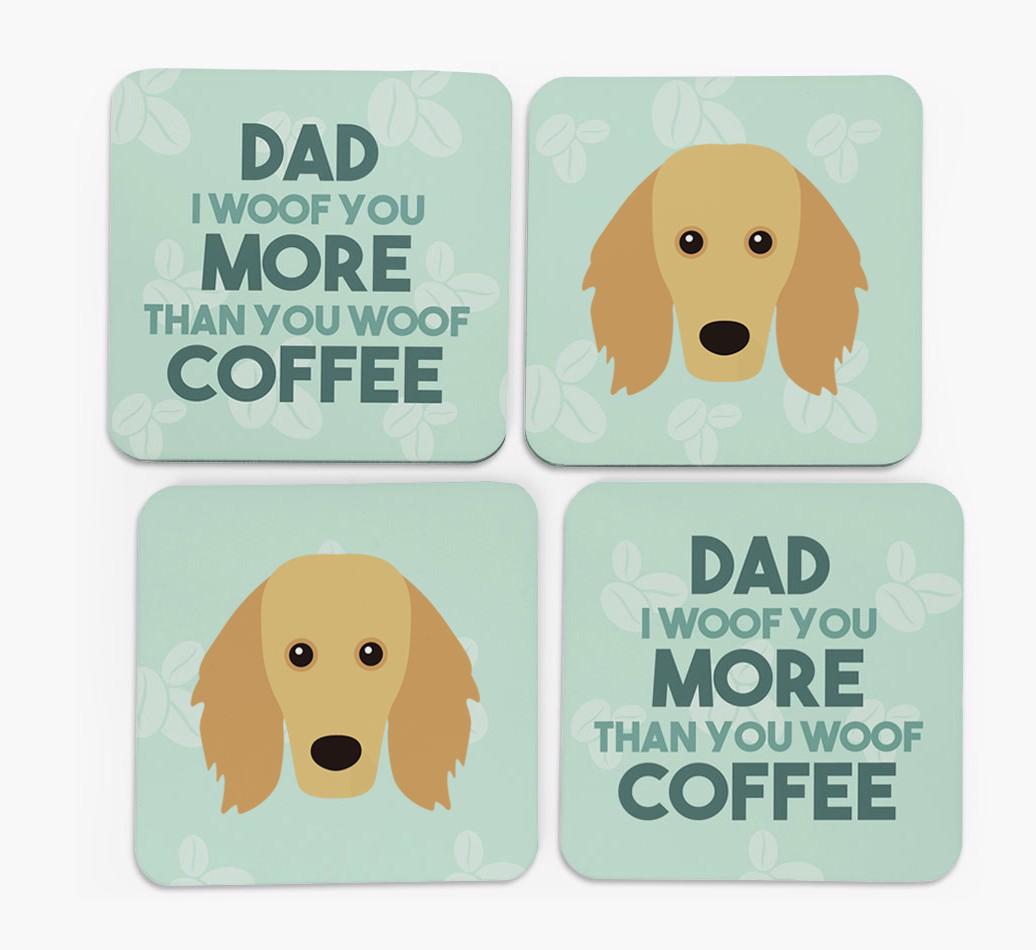 'Dad I woof you more than you woof coffee' Coasters with {breedFullName} Icon