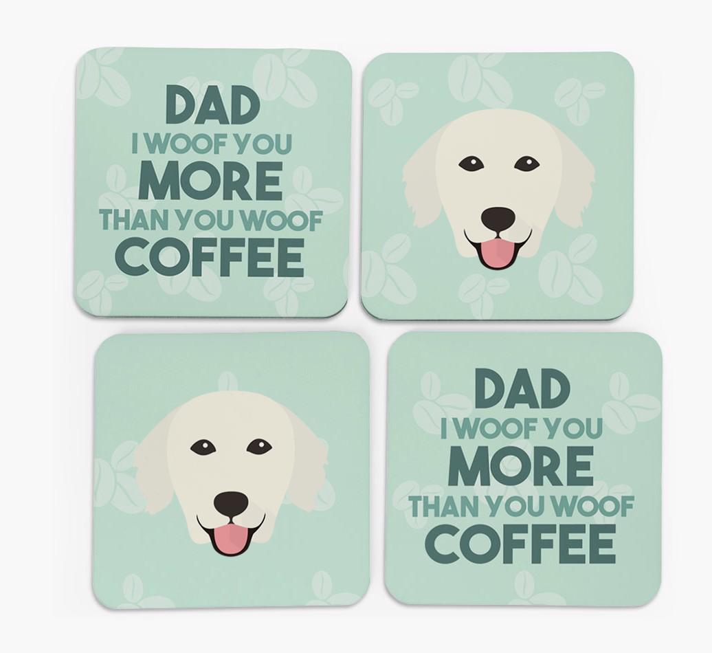 'Dad I woof you more than you woof coffee' Coasters with {breedFullName} Icon