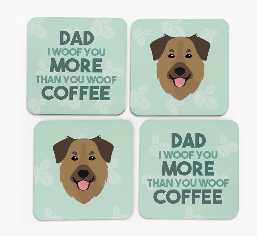 'Dad I woof you more than you woof coffee' Coasters with {breedFullName} Icon
