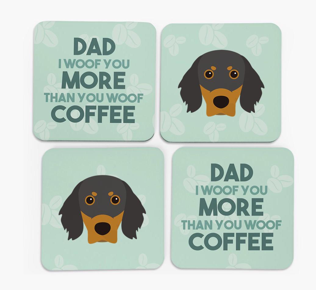 'Dad I woof you more than you woof coffee' Coasters with {breedFullName} Icon