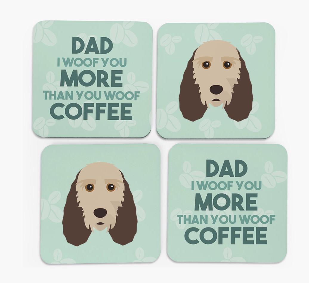 'Dad I woof you more than you woof coffee' Coasters with {breedFullName} Icon