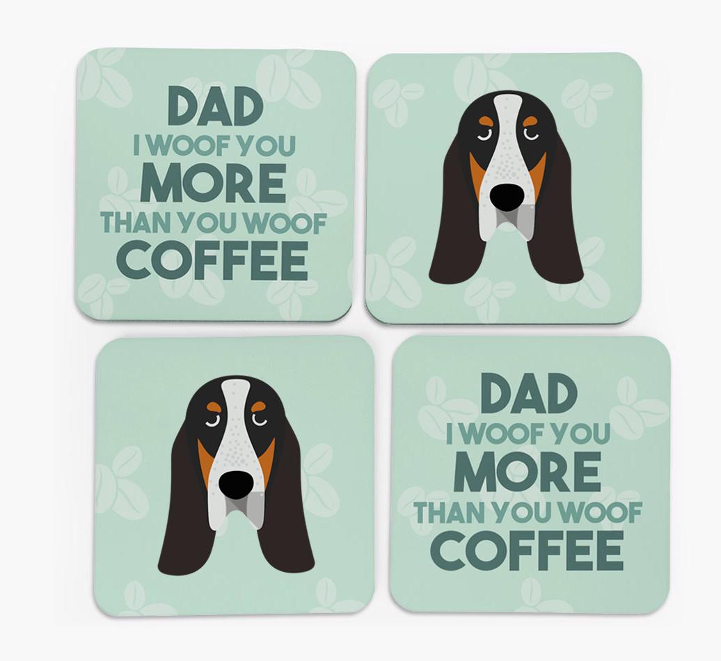 'Dad I woof you more than you woof coffee' Coasters with {breedFullName} Icon