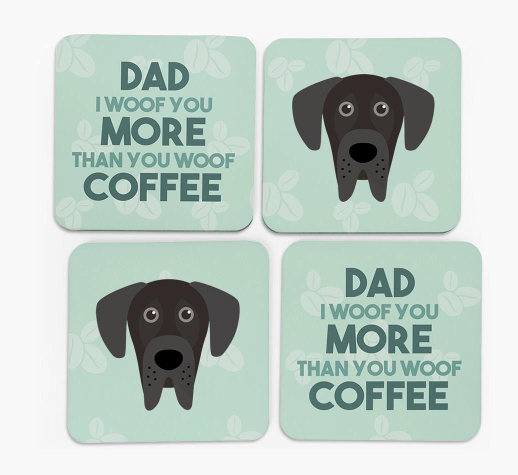 'Dad I woof you more than you woof coffee' Coasters with {breedFullName} Icon