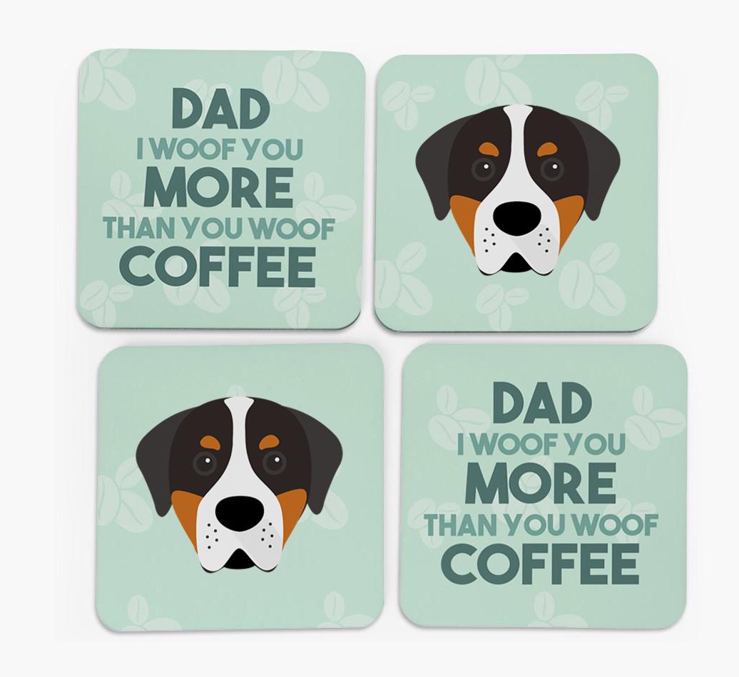 'Dad I woof you more than you woof coffee' Coasters with {breedFullName} Icon