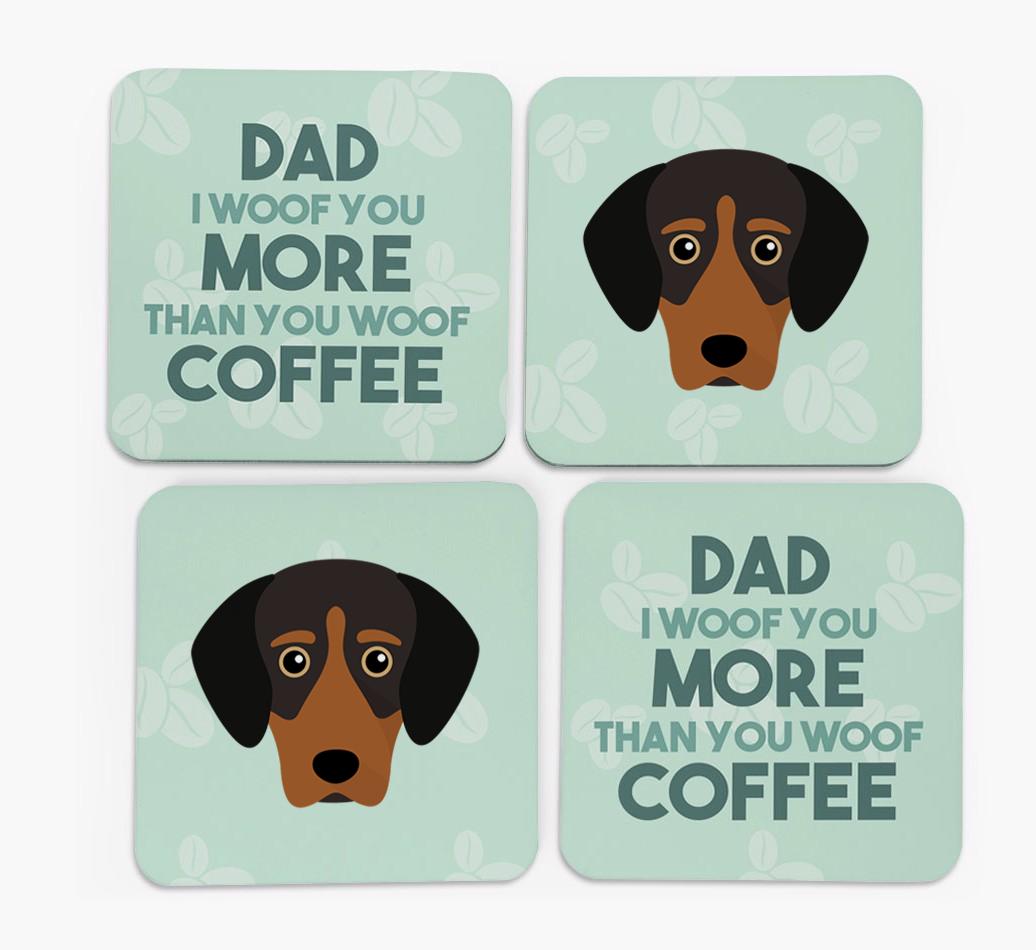 'Dad I woof you more than you woof coffee' Coasters with {breedFullName} Icon