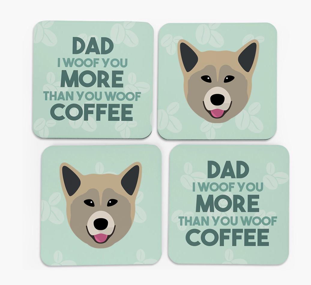 'Dad I woof you more than you woof coffee' Coasters with {breedFullName} Icon