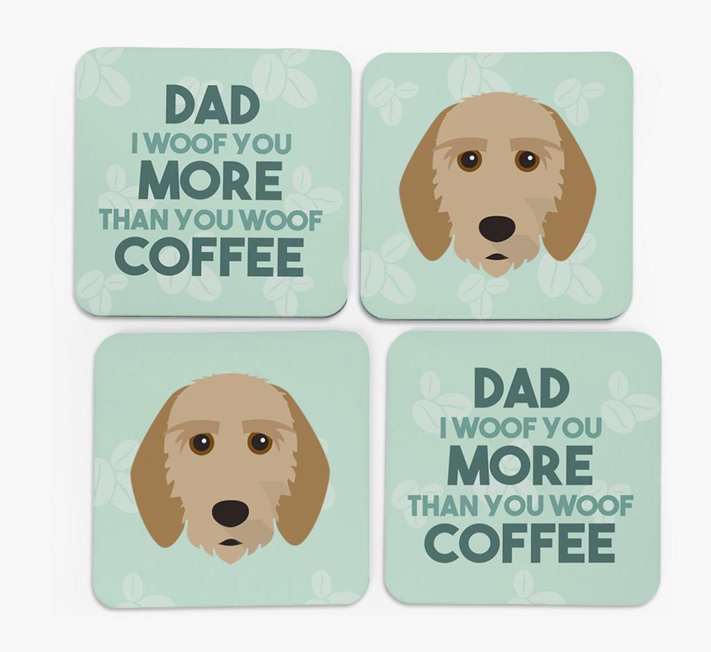 'Dad I woof you more than you woof coffee' Coasters with {breedFullName} Icon