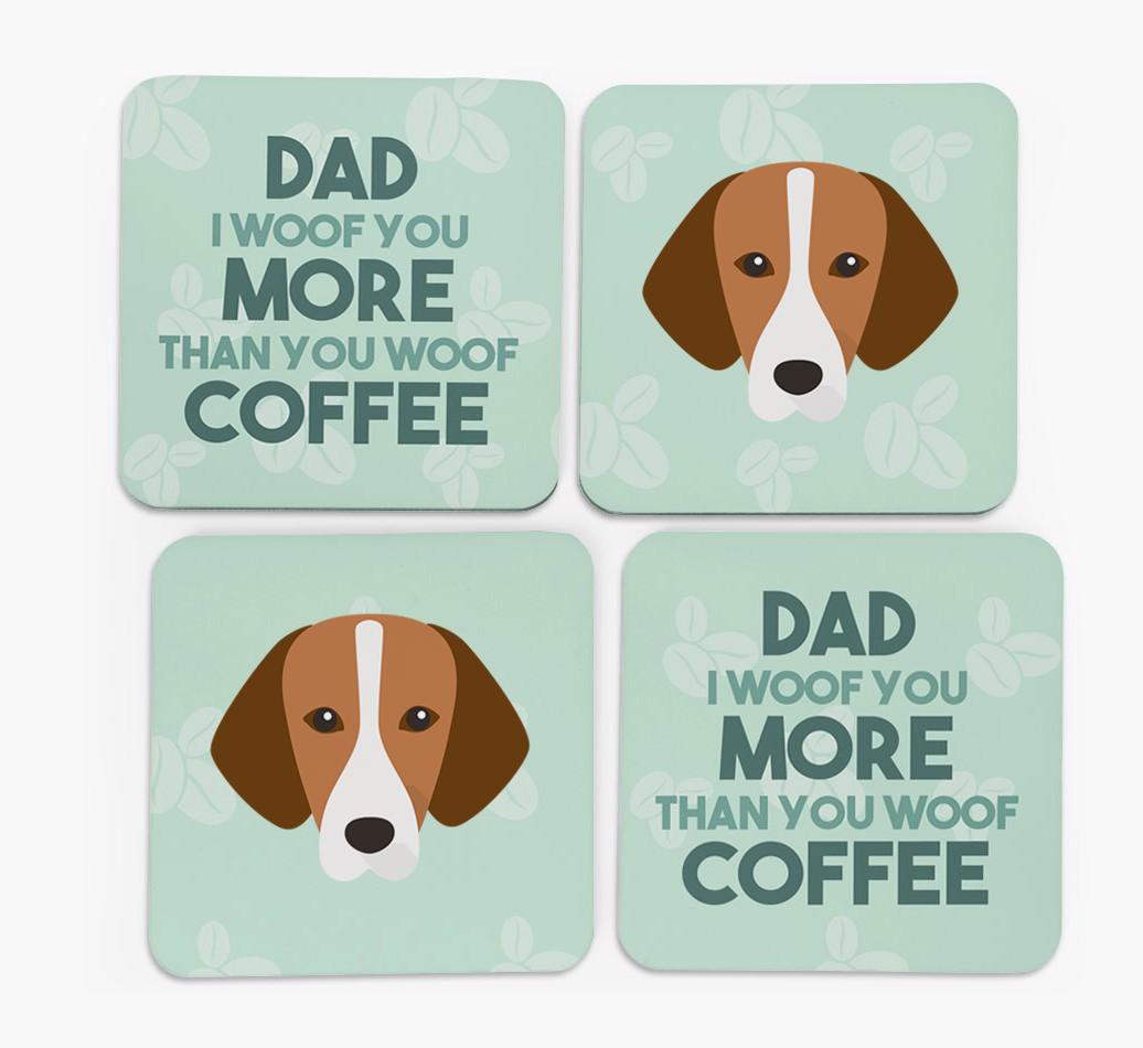 'Dad I woof you more than you woof coffee' Coasters with {breedFullName} Icon