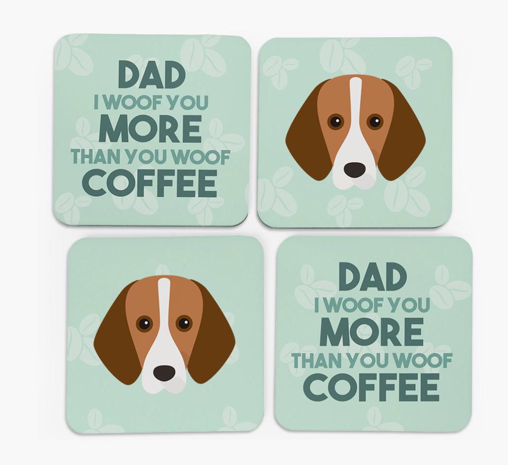 'Dad I woof you more than you woof coffee' Coasters with {breedFullName} Icon