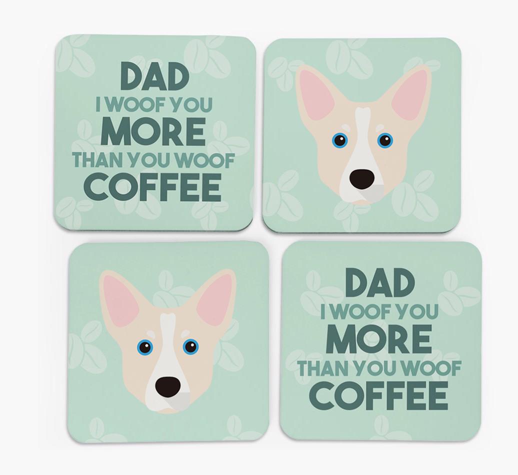 'Dad I woof you more than you woof coffee' Coasters with {breedFullName} Icon