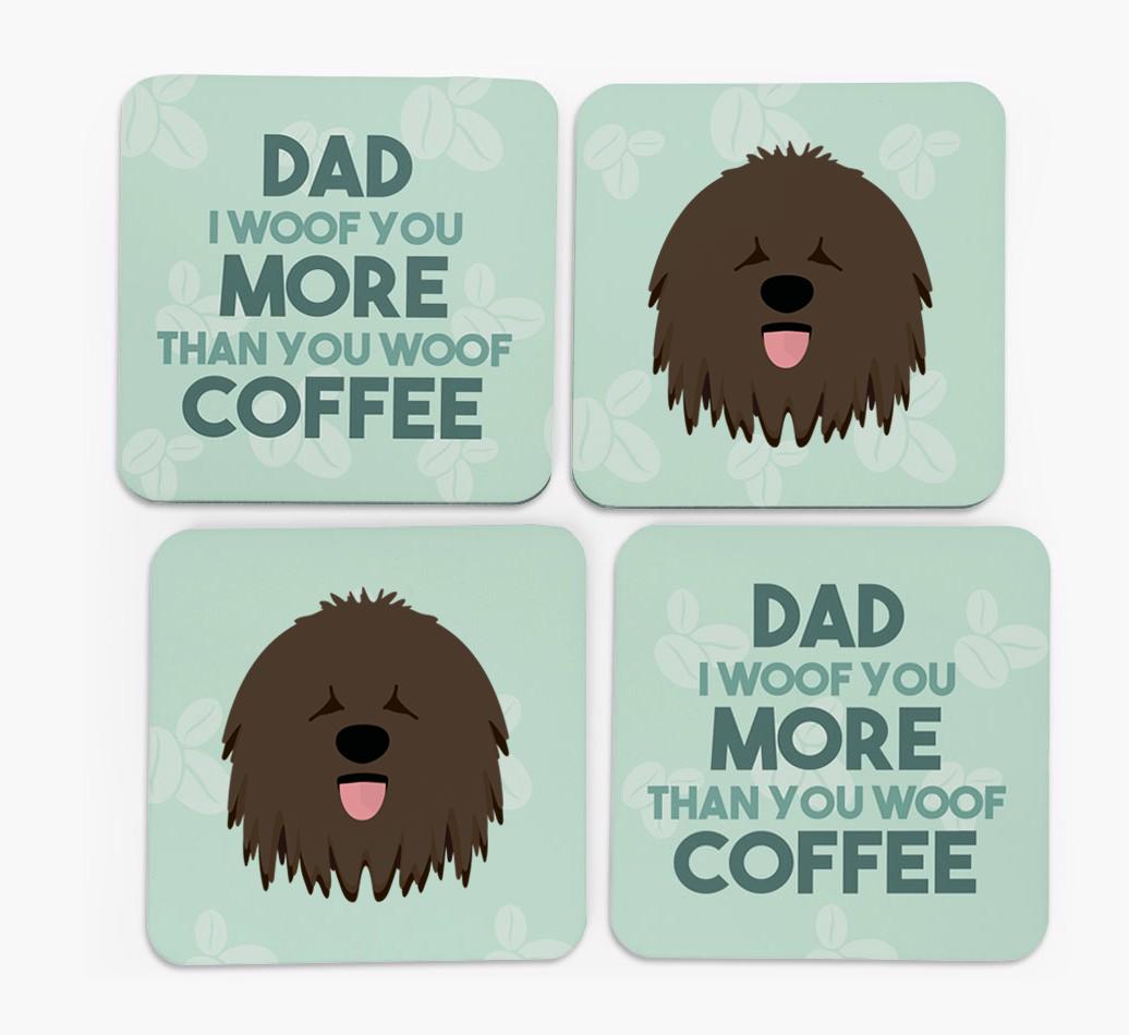 'Dad I woof you more than you woof coffee' Coasters with {breedFullName} Icon