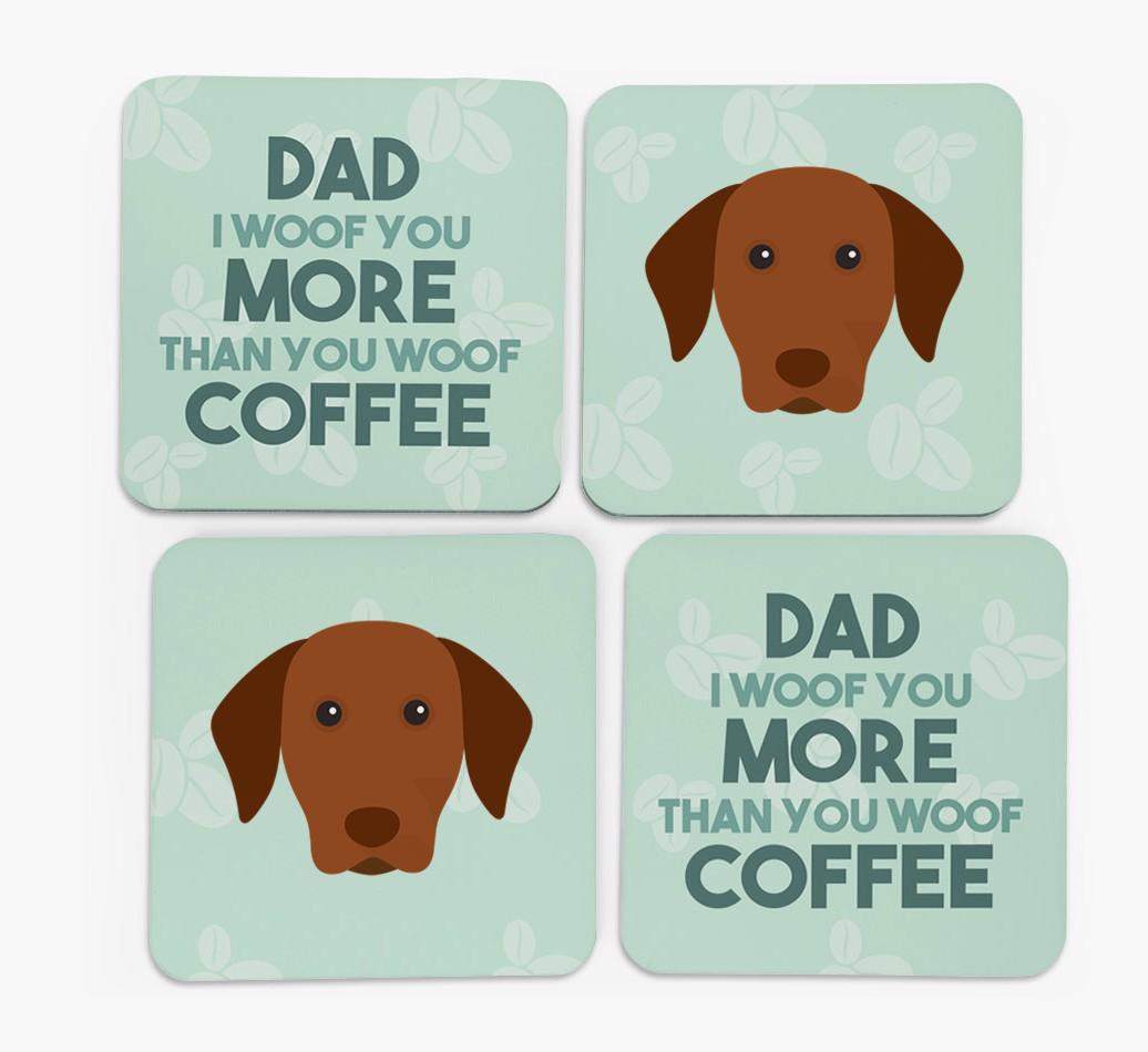 'Dad I woof you more than you woof coffee' Coasters with {breedFullName} Icon