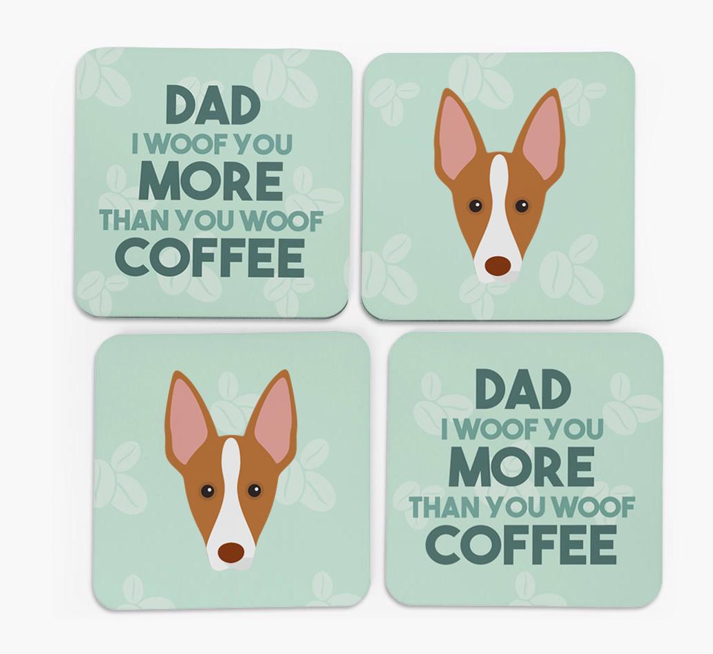 'Dad I woof you more than you woof coffee' Coasters with {breedFullName} Icon