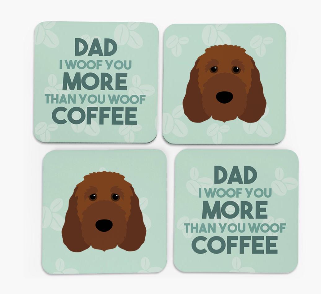 'Dad I woof you more than you woof coffee' Coasters with {breedFullName} Icon