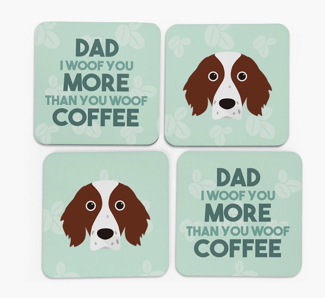 'Dad I woof you more than you woof coffee' Coasters with {breedFullName} Icon