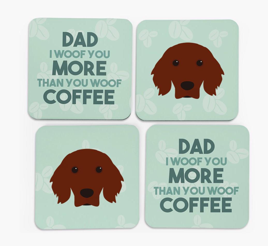 'Dad I woof you more than you woof coffee' Coasters with {breedFullName} Icon
