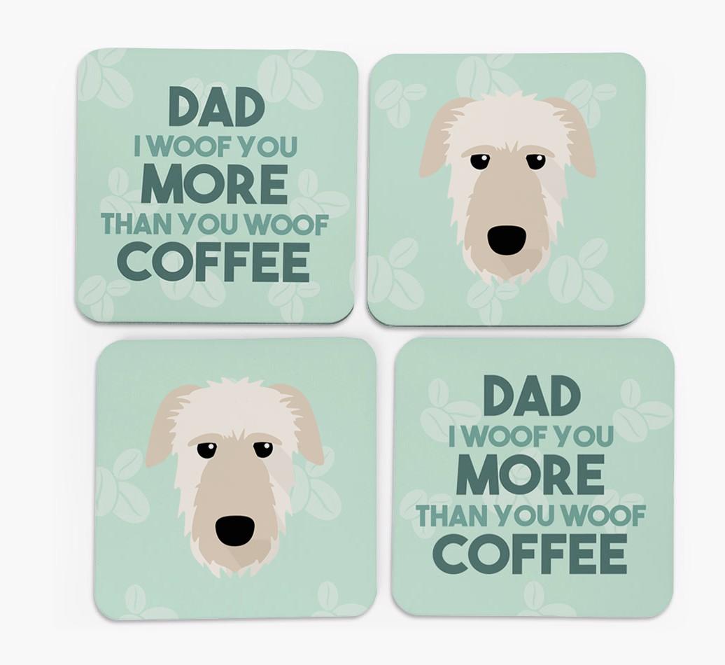 'Dad I woof you more than you woof coffee' Coasters with {breedFullName} Icon