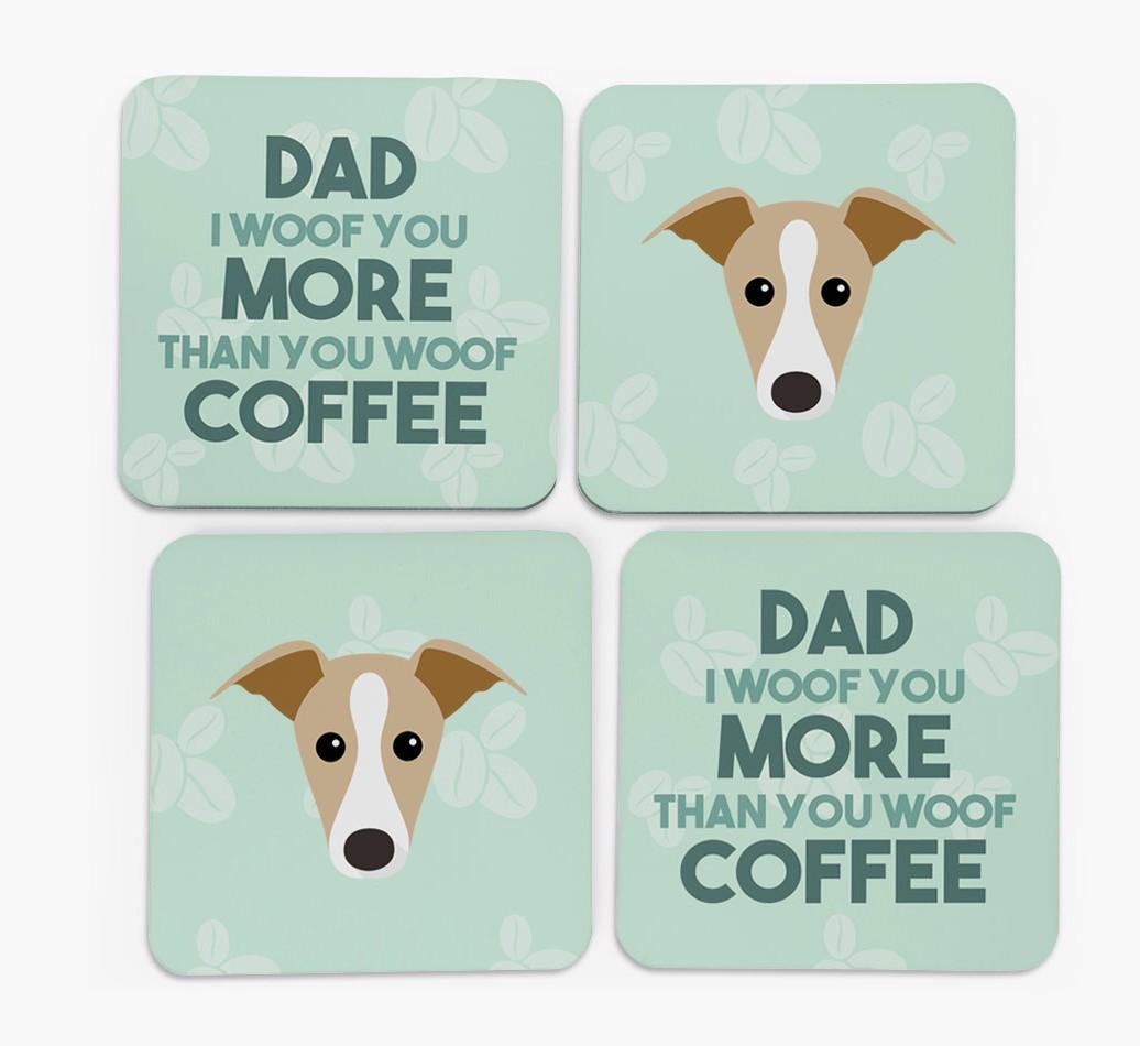 'Dad I woof you more than you woof coffee' Coasters with {breedFullName} Icon