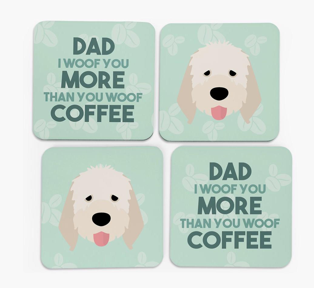 'Dad I woof you more than you woof coffee' Coasters with {breedFullName} Icon
