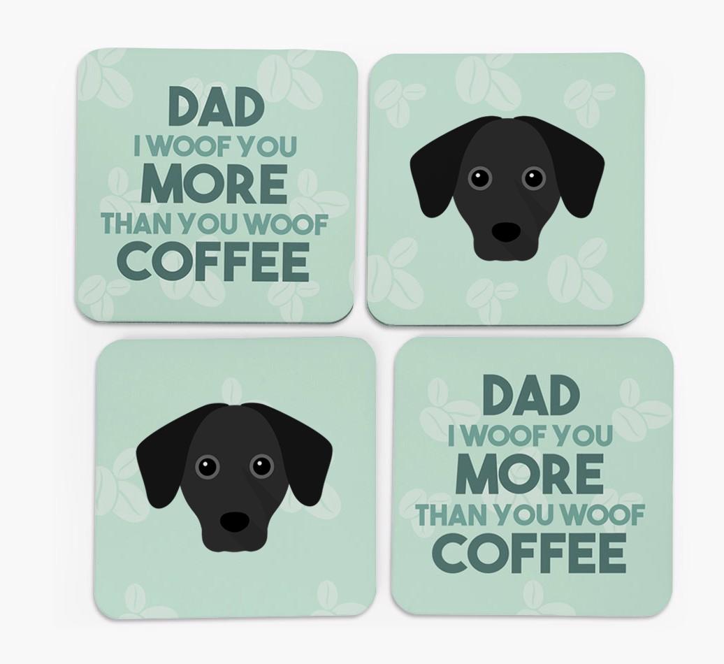 'Dad I woof you more than you woof coffee' Coasters with {breedFullName} Icon