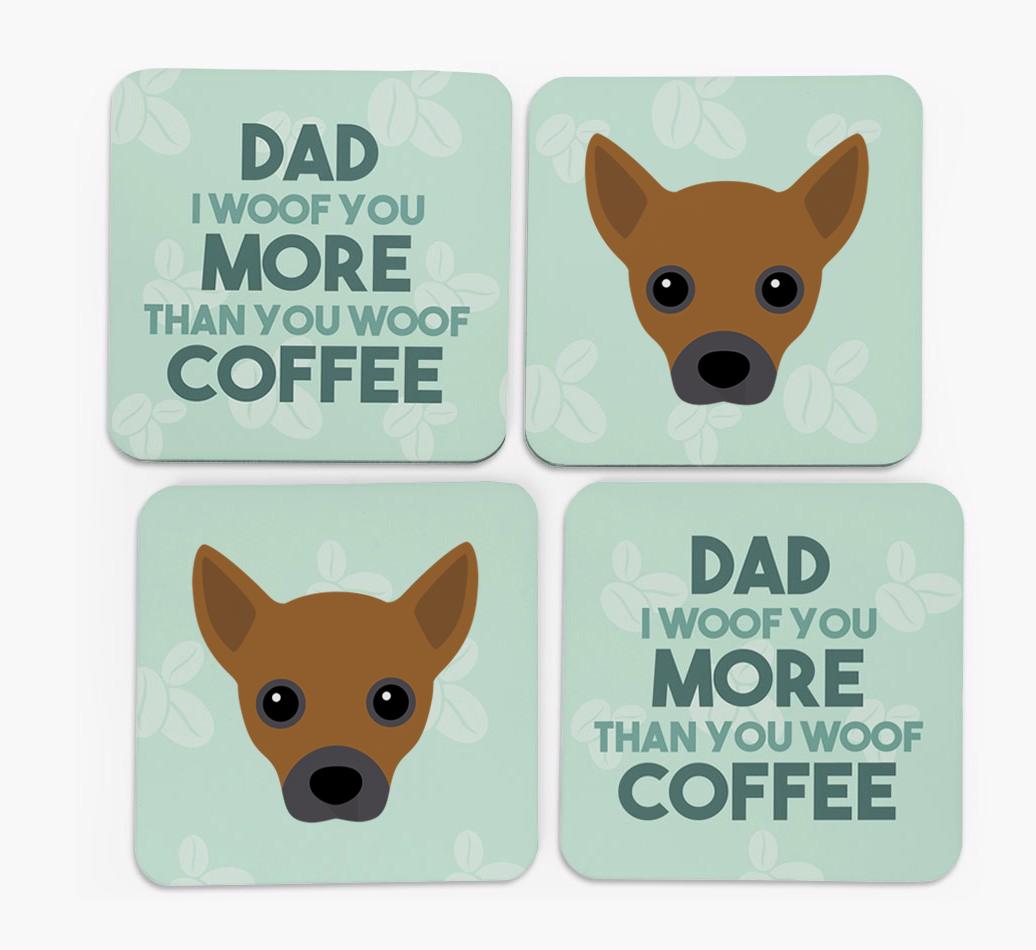'Dad I woof you more than you woof coffee' Coasters with {breedFullName} Icon