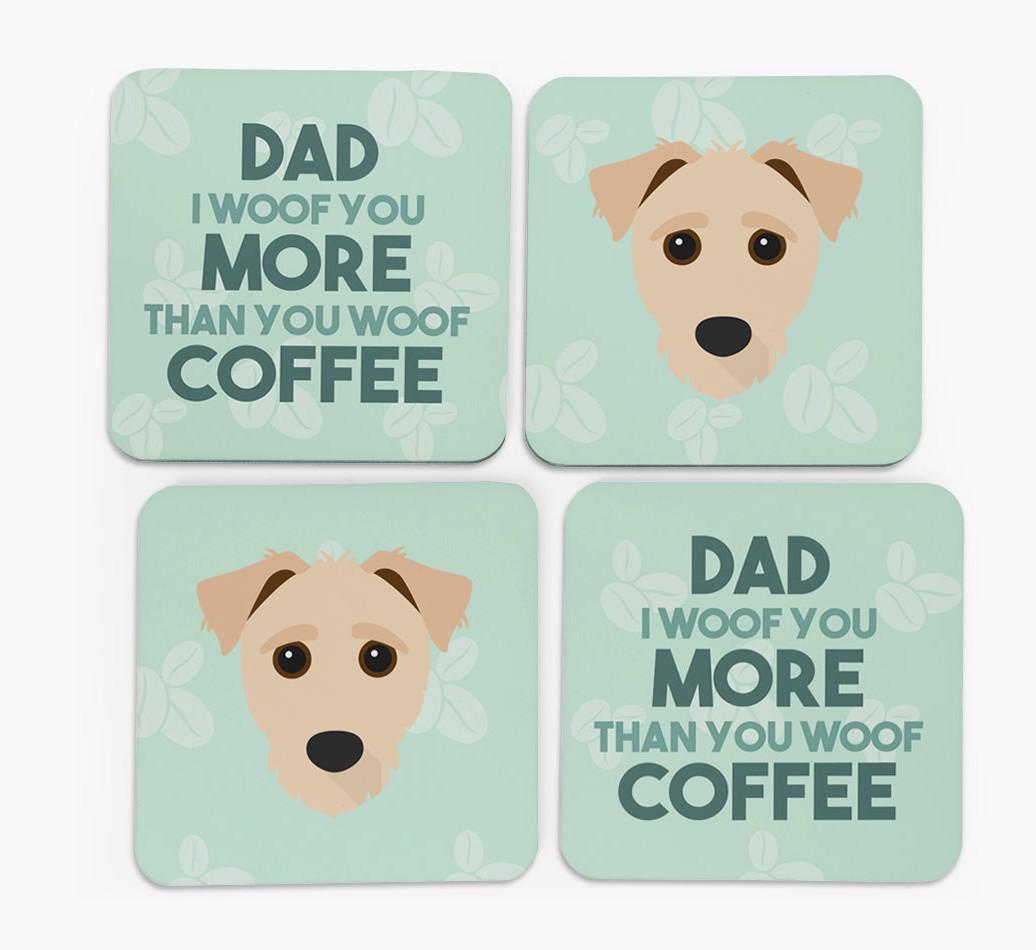 'Dad I woof you more than you woof coffee' Coasters with {breedFullName} Icon