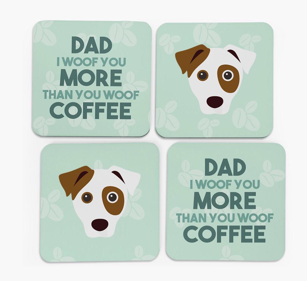 'Dad I woof you more than you woof coffee' Coasters with {breedFullName} Icon
