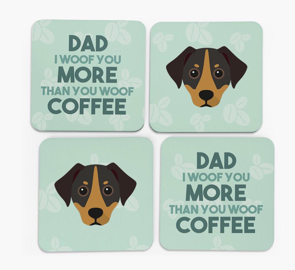 'Dad I woof you more than you woof coffee' Coasters with {breedFullName} Icon