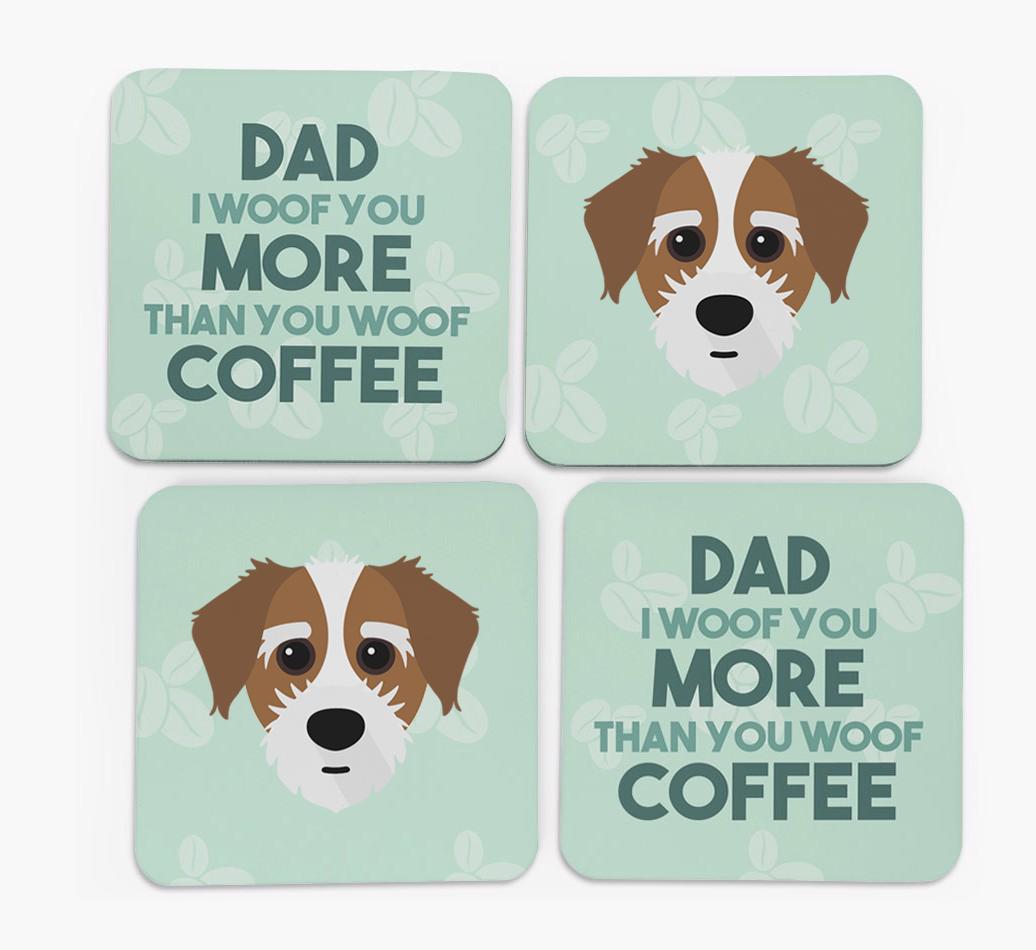 'Dad I woof you more than you woof coffee' Coasters with {breedFullName} Icon