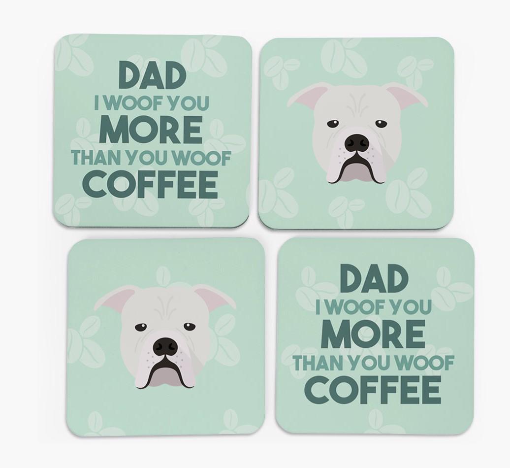 'Dad I woof you more than you woof coffee' Coasters with {breedFullName} Icon