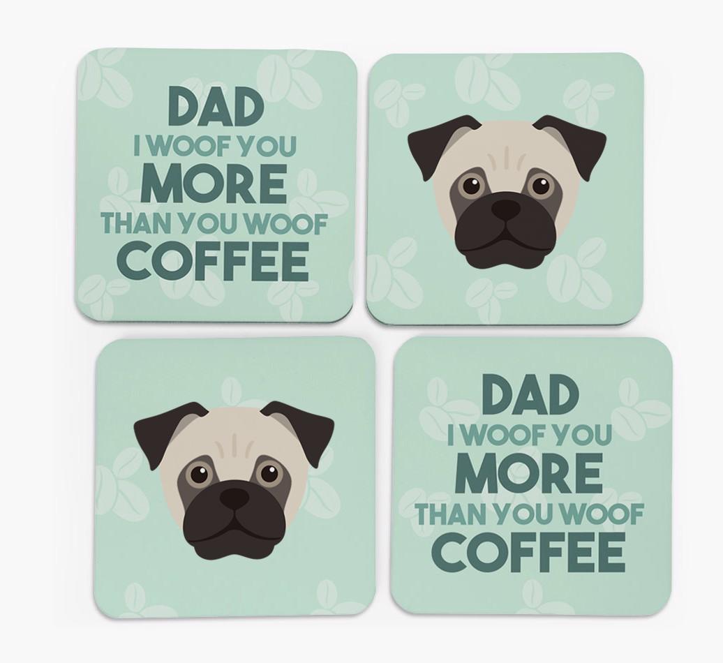 'Dad I woof you more than you woof coffee' Coasters with {breedFullName} Icon