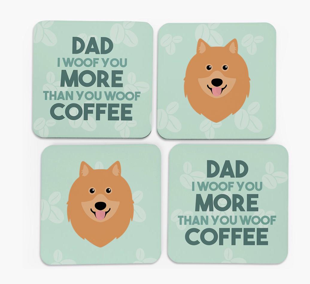 'Dad I woof you more than you woof coffee' Coasters with {breedFullName} Icon