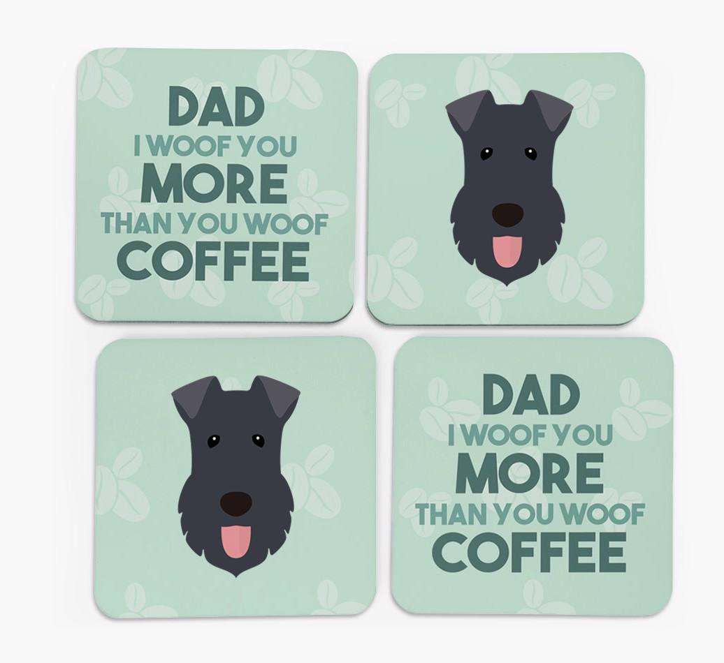 'Dad I woof you more than you woof coffee' Coasters with {breedFullName} Icon