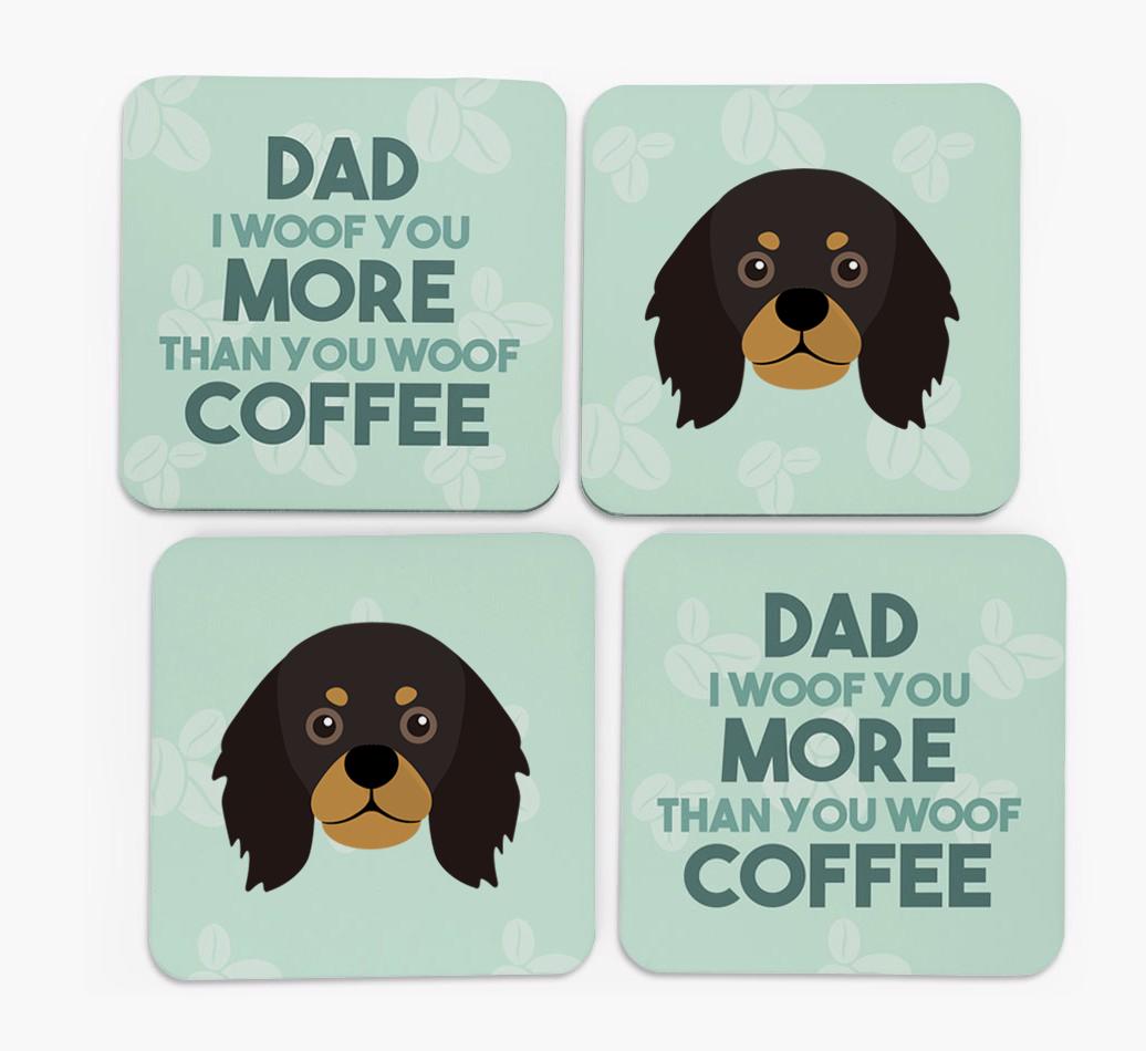 'Dad I woof you more than you woof coffee' Coasters with {breedFullName} Icon