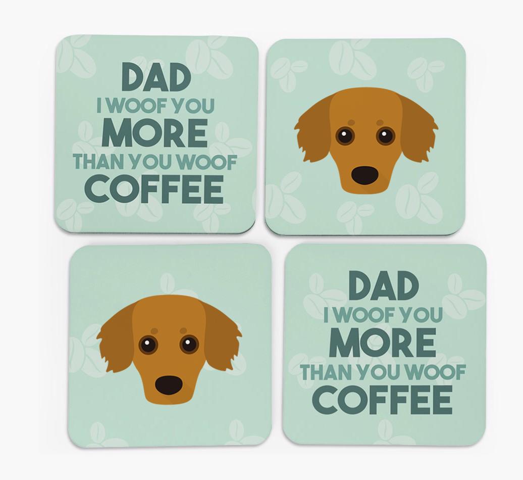 'Dad I woof you more than you woof coffee' Coasters with {breedFullName} Icon