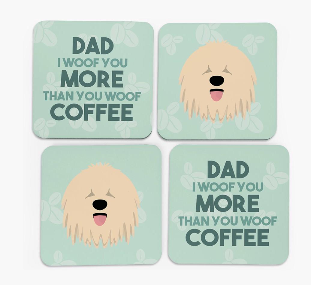 'Dad I woof you more than you woof coffee' Coasters with {breedFullName} Icon
