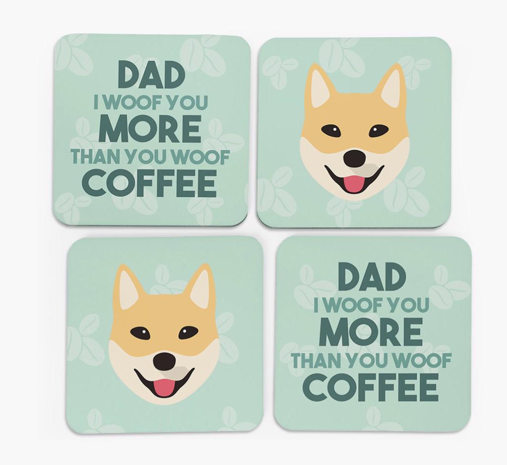 'Dad I woof you more than you woof coffee' Coasters with {breedFullName} Icon