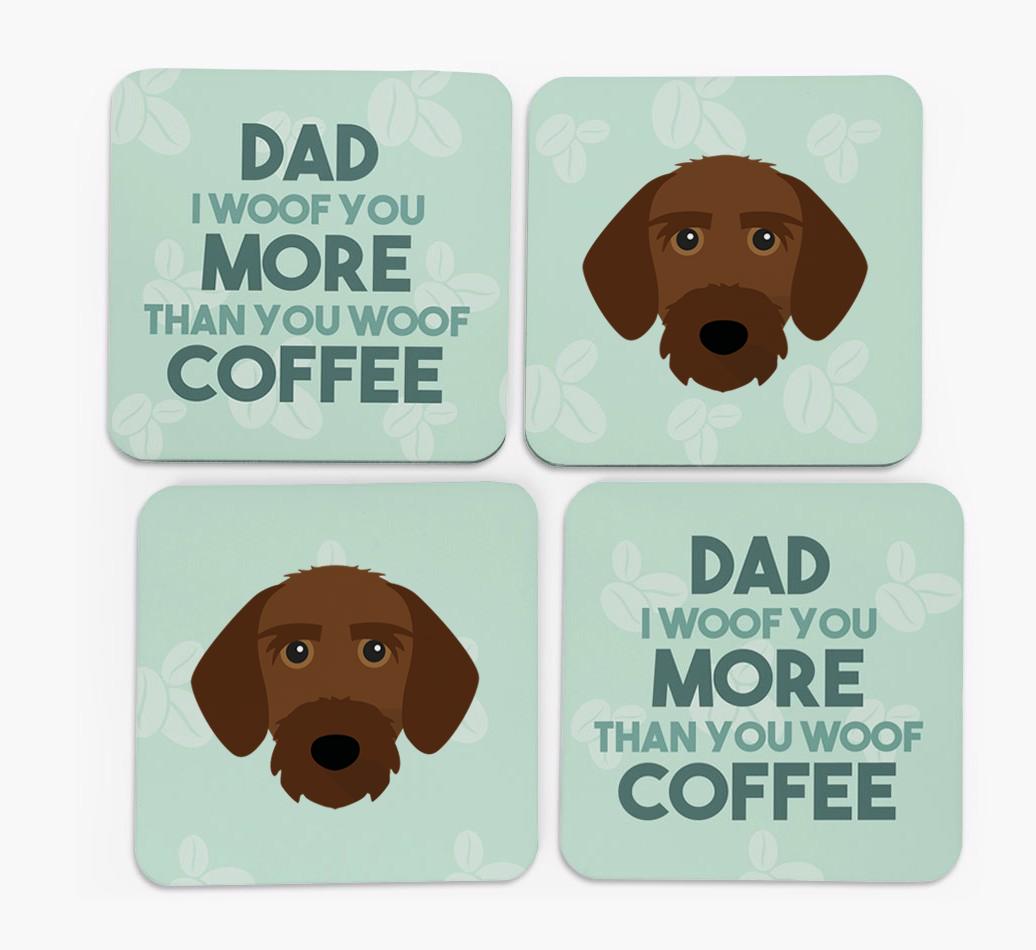 'Dad I woof you more than you woof coffee' Coasters with {breedFullName} Icon