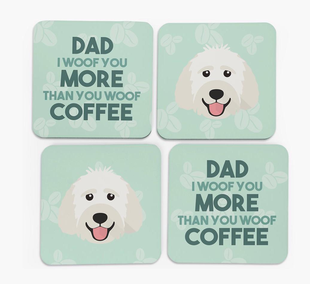 'Dad I woof you more than you woof coffee' Coasters with {breedFullName} Icon